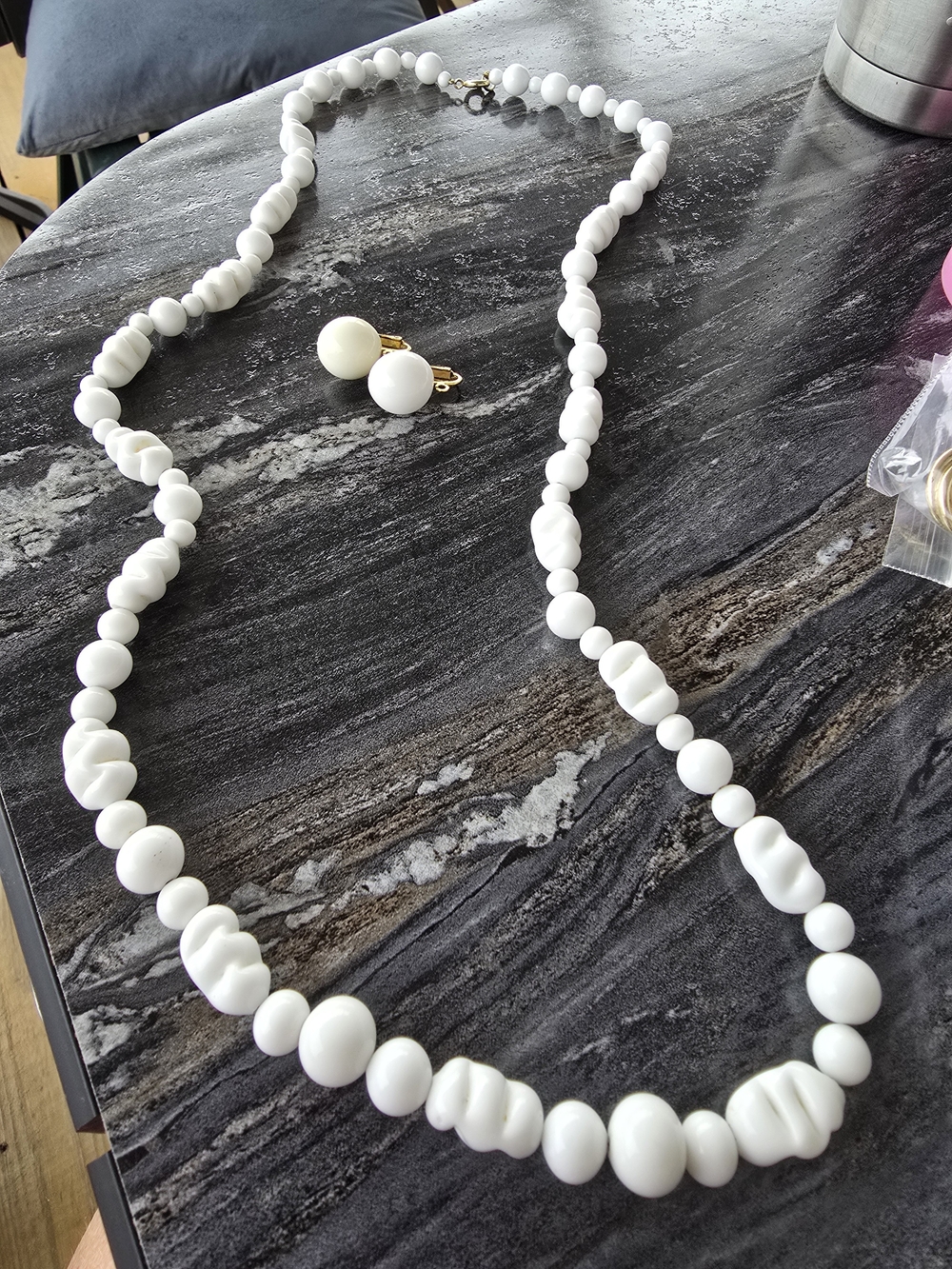 Vintage Milk Glass Necklace and Clip-On Earrings Napier- Classic Women's Jewelry